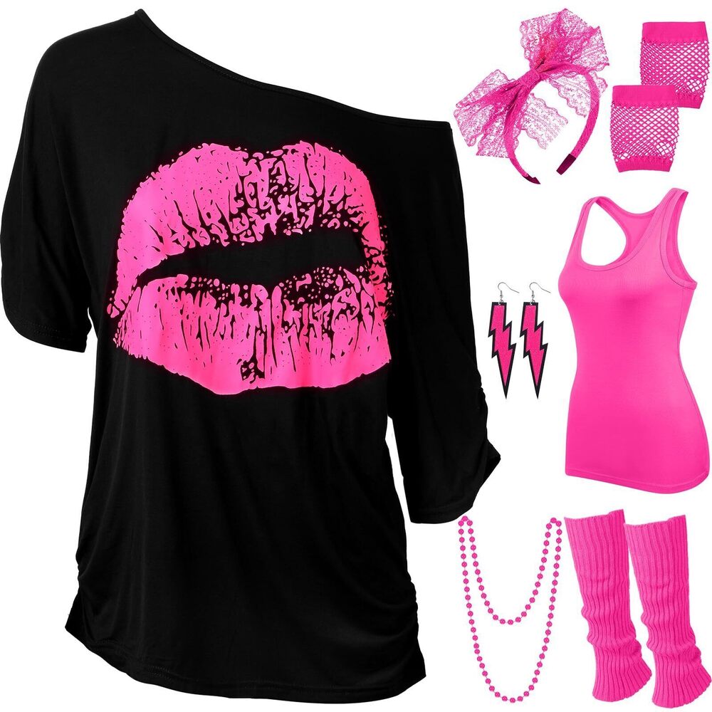 1061 Disco 80s Costume Print Off Shoulder Tops Tank Top Headband Earring
